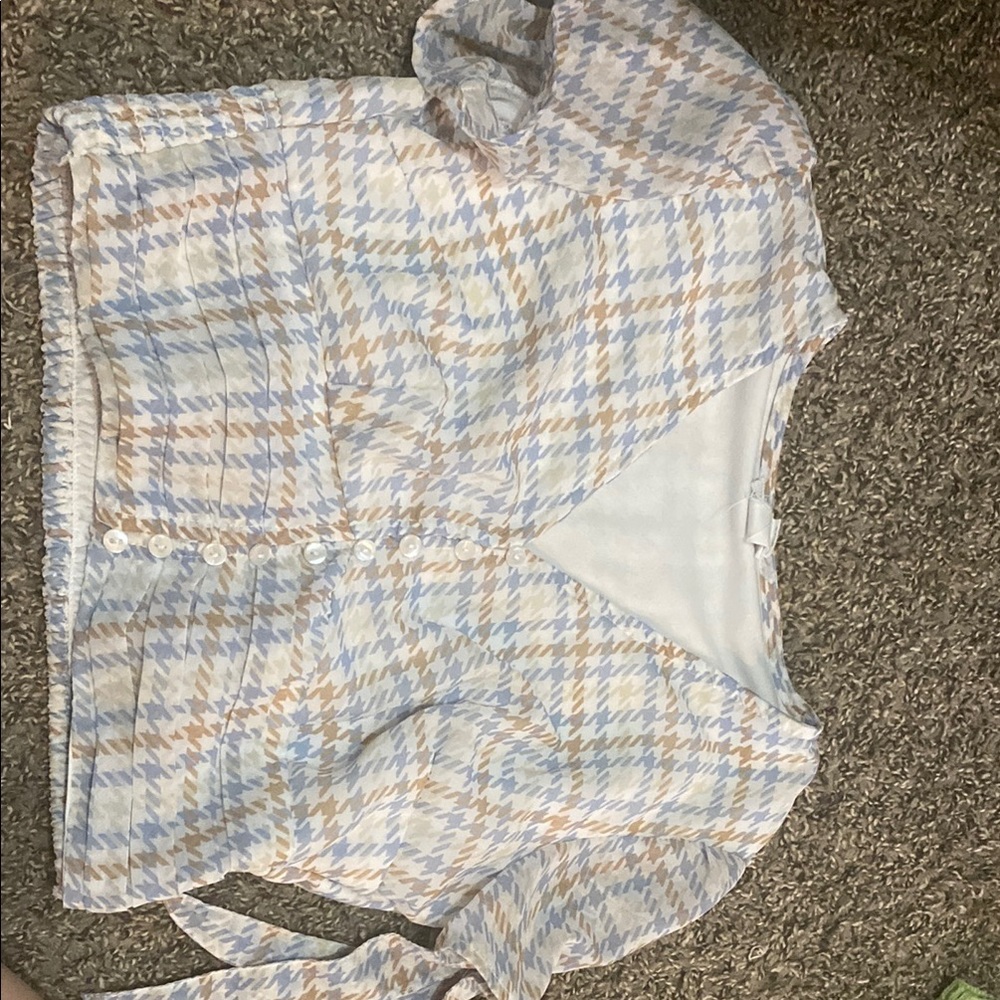 Wrap Blouse in Blue and Tan